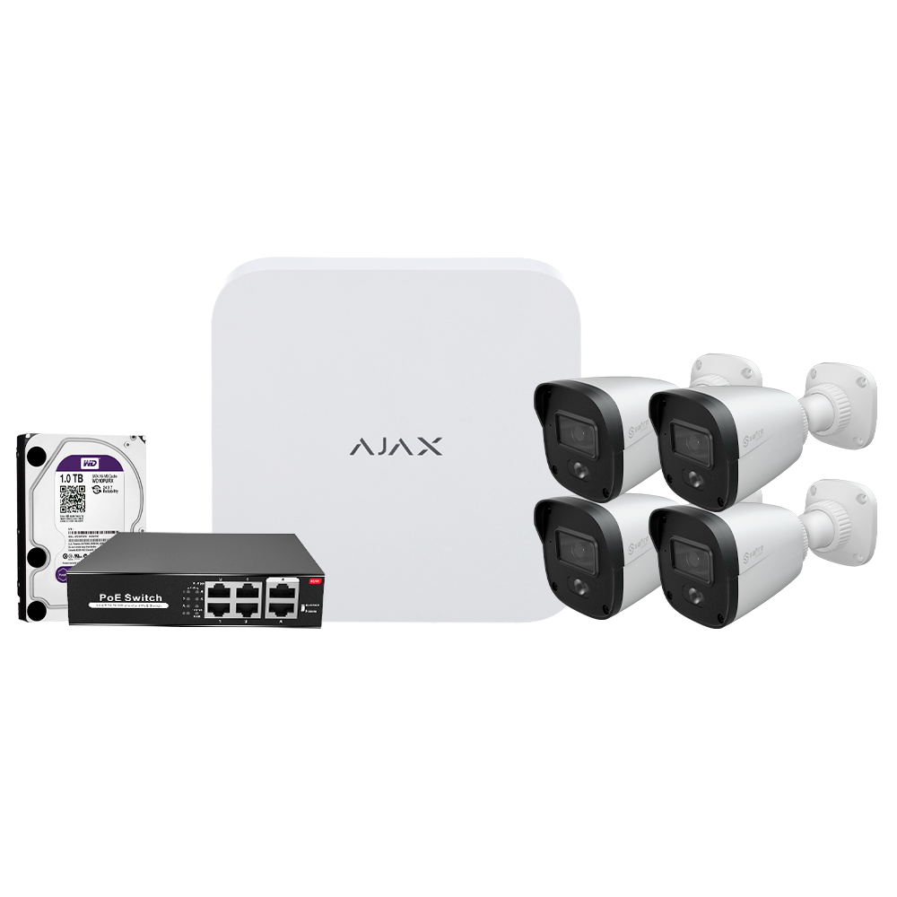 Kit di videosorveglianza Ajax - Videoregistratore Ajax da 8 canali   - 4 telecamere bullet da 4 Mpx Safire Smart Dual Light - Switch PoE da 4 canali - Hard disk da 1 TB - Integrazione tramite ONVIF