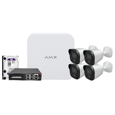 Kit di videosorveglianza Ajax - Videoregistratore Ajax da 8 canali   - 4 telecamere bullet da 4 Mpx Safire Smart Dual Light - Switch PoE da 4 canali - Hard disk da 1 TB - Integrazione tramite ONVIF