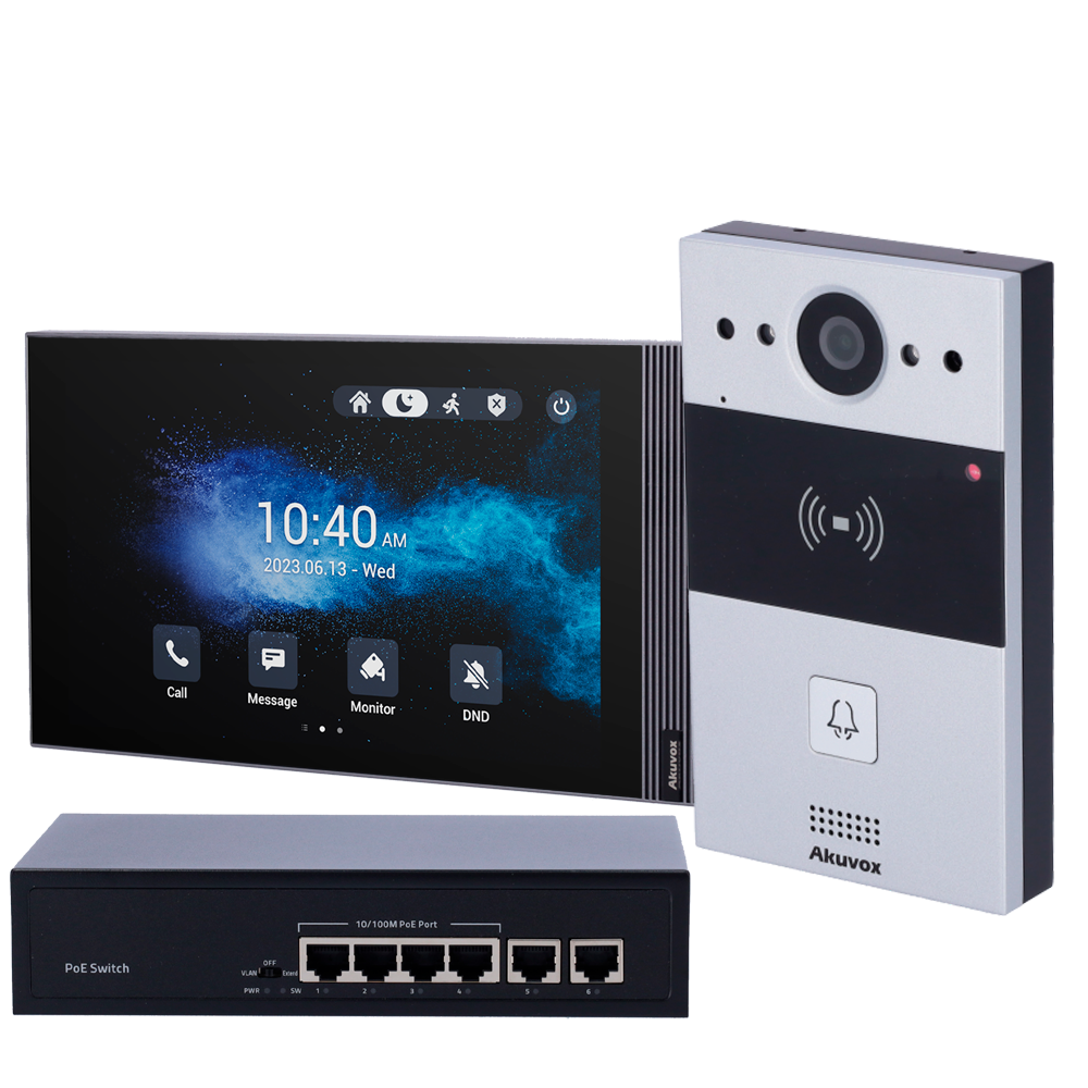 Kit videocitofonico Android - IP | Postazione esterna e monitor - Audio bidirezionale Crystal Clear - Lettore EM/MF e NFC | PoE Standard - 2 uscite relè | Antivandalo - Connessione Cloud