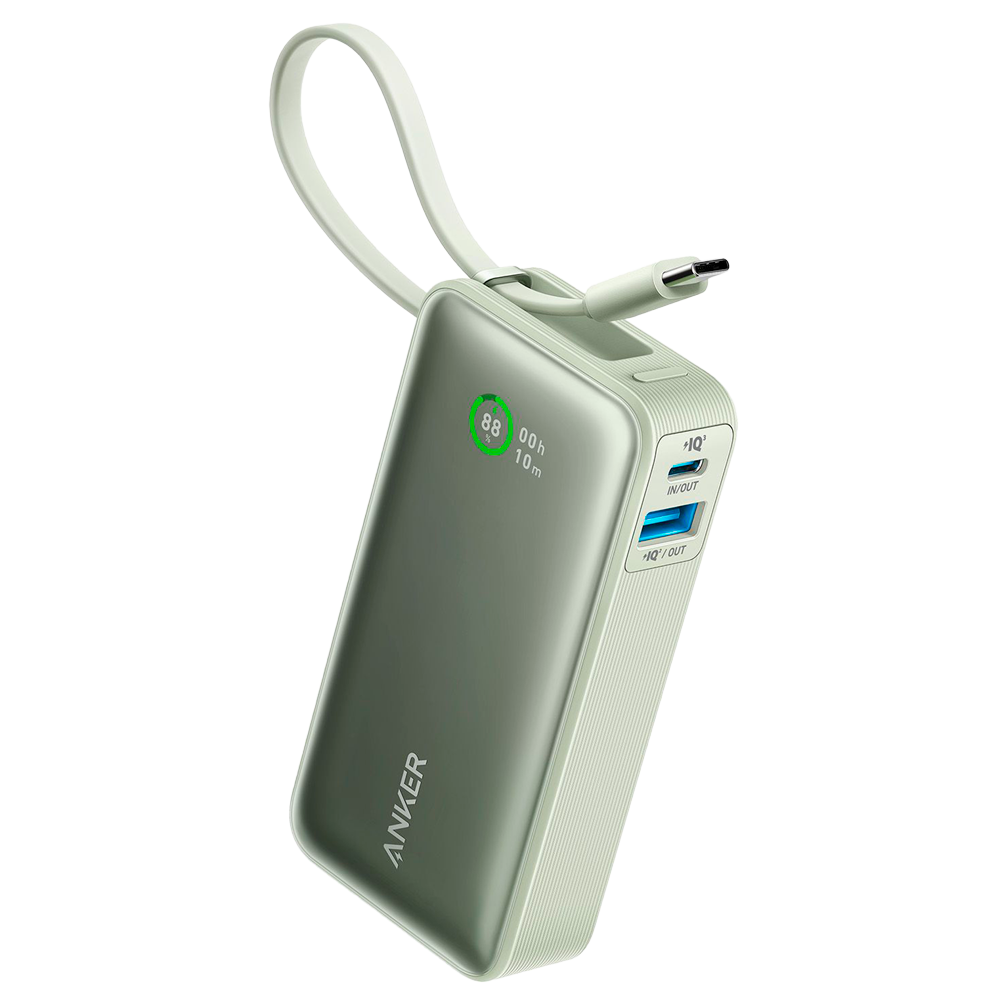 Anker Power Bank con display LCD - Capacità 10000mAh  - Ingresso 1x USB-C e cavo USB-C - Uscite USB-A