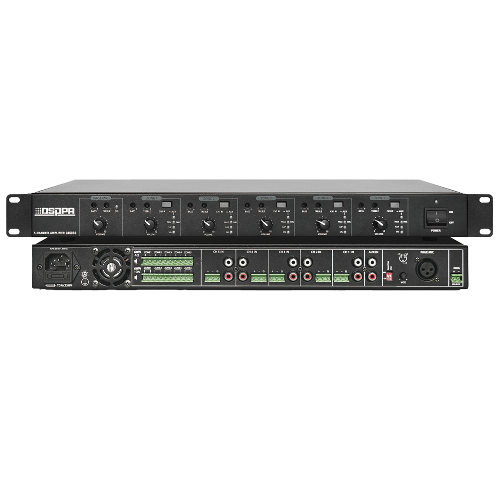 Amplificatore mixer - 5 canali - Potenza di 5x60W - Amplificazione 100V - Bassa impedenza 4-16Ω