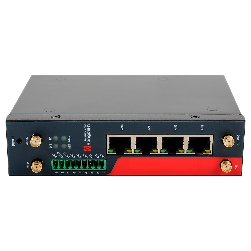 Hongdian Router Industriale 4G - 4G Cat 4 - 4 porte PoE+ Ethernet RJ45 10/100/1000  - 2 Slot per scheda SIM 4G/3G - Porte RS232/RS485 - Wi-Fi 802.11b/g/n 2.4GHz