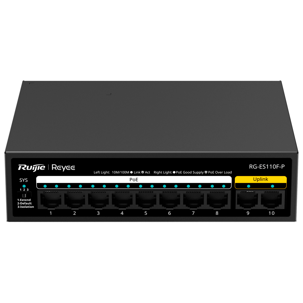 Reyee Switch PoE da Tavolo - Alloggiamento in Metallo - 8 porte RJ45 10/100 Mbps PoE+ 802.3af/at  - 2 Porte Uplink RJ45 10/100 Mbps - Plug and Play - Tecnologia di risparmio energetico