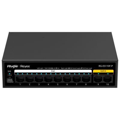 Reyee Switch PoE da Tavolo - Alloggiamento in Metallo - 8 porte RJ45 10/100 Mbps PoE+ 802.3af/at  - 2 Porte Uplink RJ45 10/100 Mbps - Plug and Play - Tecnologia di risparmio energetico