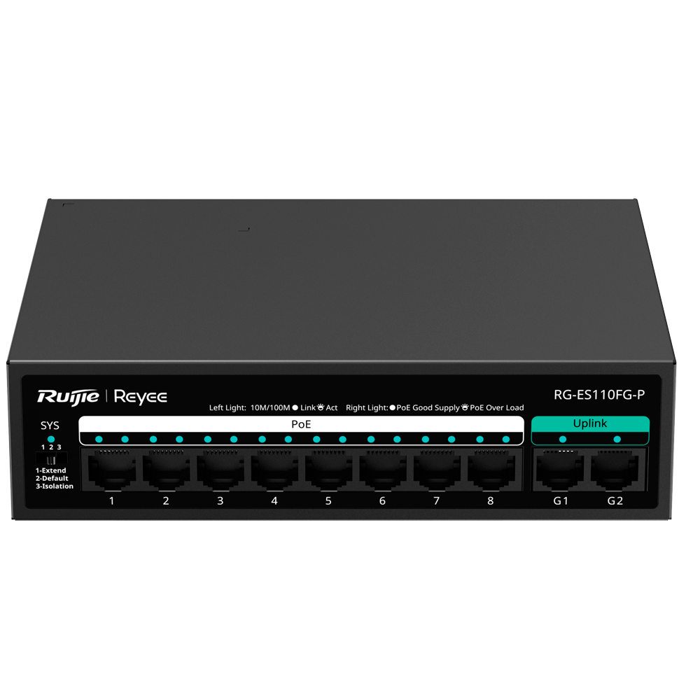 Reyee Switch PoE da Tavolo - Alloggiamento in Metallo - 8 porte RJ45 10/100 Mbps - 8 Porte PoE+ 802.3af/at + 2 Uplink 1G - Plug and Play - Tecnologia di risparmio energetico