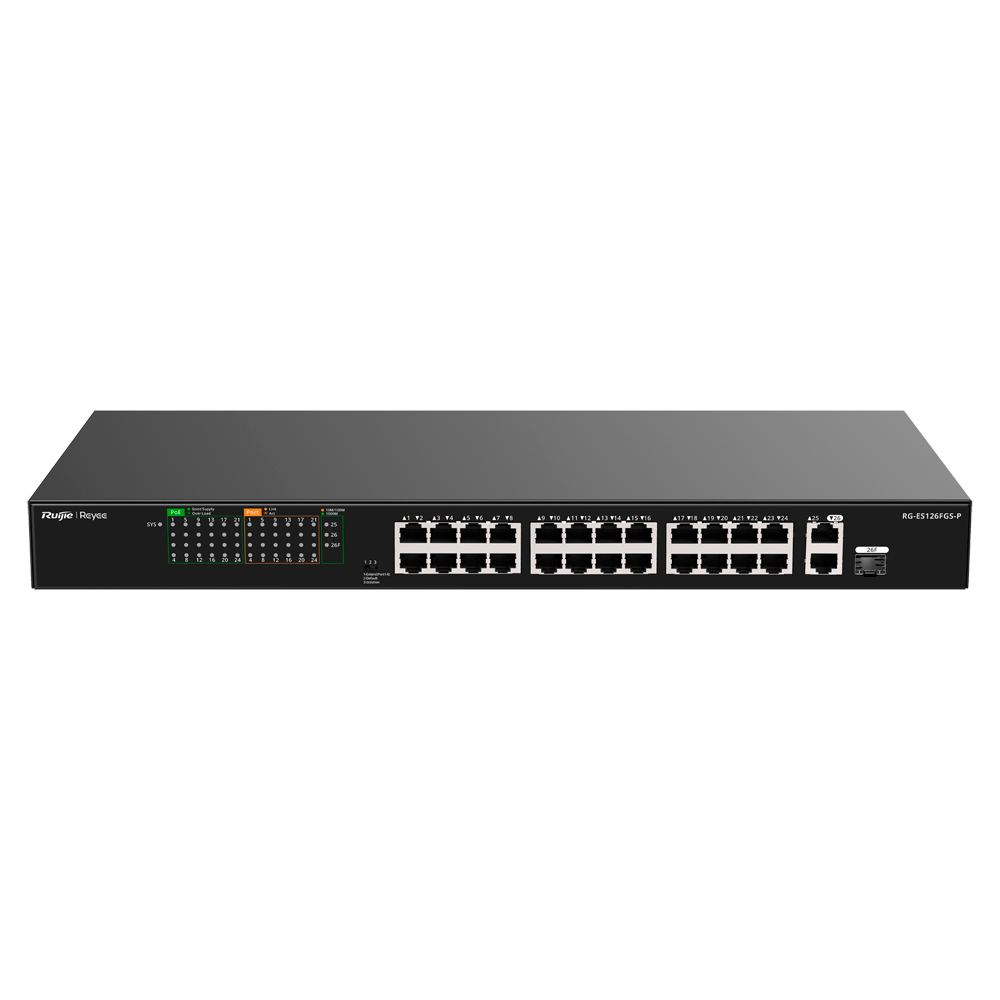 Reyee Switch PoE da Tavolo - 24 Porte RJ45 + 1 Uplink RJ45 + 1 SFP Combo - 24 Porte 10/100Mbps + 2 Porte 10/100/1000Mbp - 24 Porte PoE+ 802.3af/at | Potenza totale 370W - Isolamento Porte / Flow Control / PoE Watchdog - Plug and Play