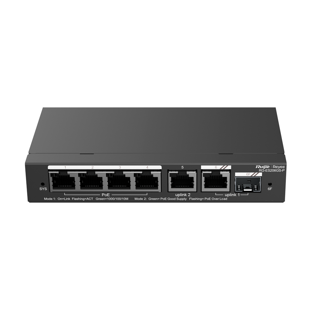 Reyee Switch PoE Cloud - 4 Porte PoE + 2 Porte  Rj45 + 1 SFP Combo - Velocità della porta 10/100/1000 Mbps - 30W per porta 802.3af/at / Massimo 54W - VLAN/Port Isolation/Loop Detection - Limite di Velocità della Porta