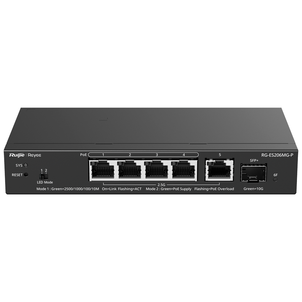 Reyee Switch PoE Cloud Capa 2 - 5 puertos PoE MultiGigabit+ 1 10Gbps SFP+ -  PoE 802.3af/at hasta 30w / Máximo 70W - Static LAG/DHCP Snoop/Port Mirror - VLAN/Port Isolation/PoE Watchdog - Enrackable