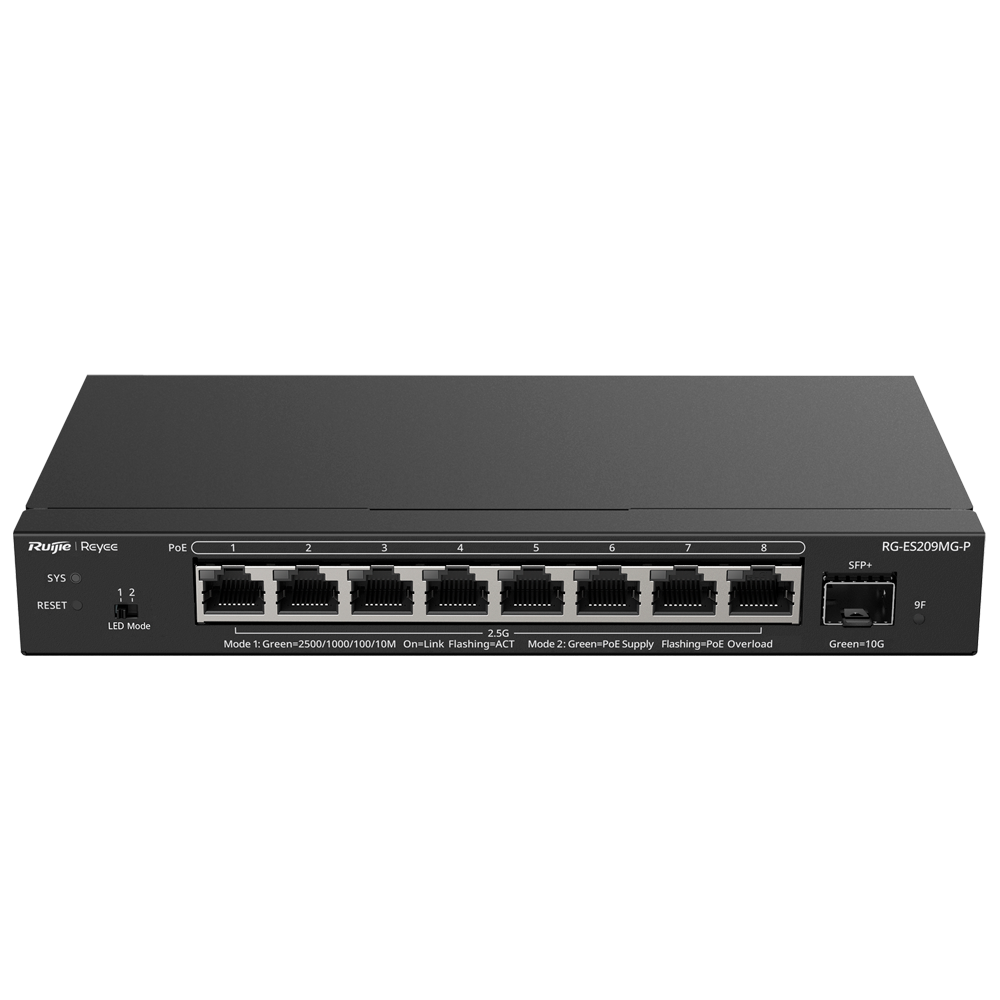 Reyee Switch PoE Cloud Capa 2 - 8 puertos PoE MultiGigabit+ 1 10Gbps SFP+ -  PoE 802.3af/at hasta 30w / Máximo 130W - Static LAG/DHCP Snoop/Port Mirror - VLAN/Port Isolation/PoE Watchdog - Enrackable