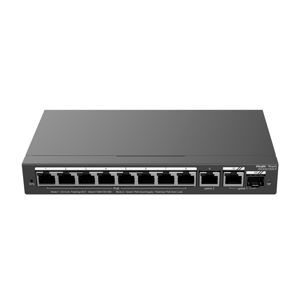 Reyee Switch PoE Cloud Managed - 8 porte PoE + 2 Uplink RJ45 + 1 SFP Combo - Velocità della porta 10/100/1000 Mbps - 30W per porta 802.3af/at / Massimo 120W - VLAN/Port Isolation/Loop Detection - Limite di Velocità della Porta