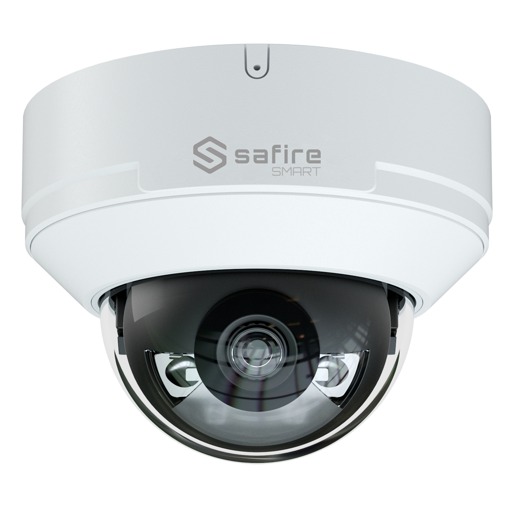 Safire Smart - Telecamera Dome IP gamma E1 Intelligenza Artificiale - Risoluzione 6 Megapixel (3200x1800) - Ottica 2.8 mm | Audio IN | IR e Luce Bianca 50m - IA: Classificazione di persone e veicoli - Waterproof IP67 | PoE (IEEE802.3af) | P2P