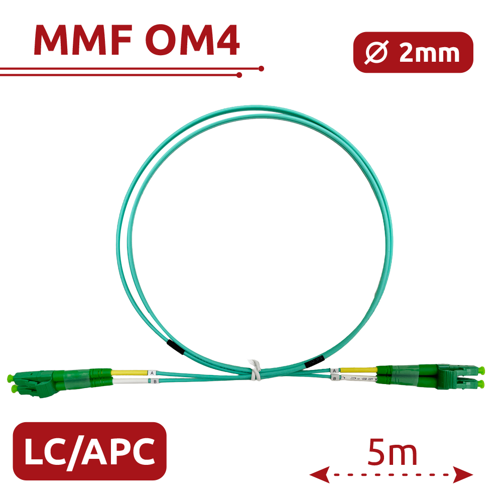 Cable de conexión de fibra óptica - Fibra multimodo OM4 - Conector LC APC dúplex - Longitud 5m - Cubierta LSZH - Compatibilidad genérica