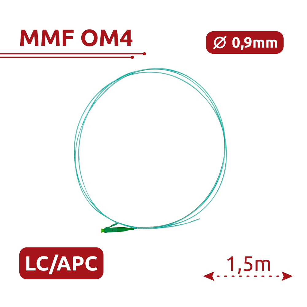 Pigtail de fibra óptica - Fibra multimodo OM4 - Conector LC APC simplex - Longitud 1.5m - Cubierta LSZH - Compatibilidad genérica
