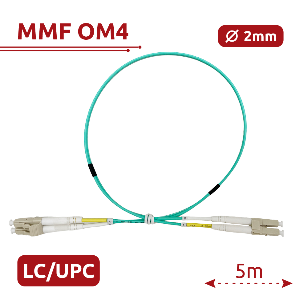 Cable de conexión de fibra óptica - Fibra multimodo OM4 - Conector LC UPC dúplex - Longitud 5m - Cubierta LSZH - Compatibilidad genérica