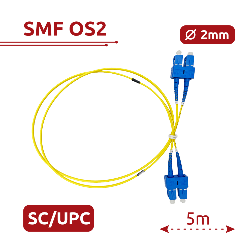 Cable de conexión de fibra óptica - Fibra monomodo OS2 - Conector SC UPC dúplex - Longitud 5m - Cubierta LSZH - Compatibilidad genérica