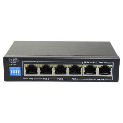 Switch PoE - 4 porte PoE + 2 Uplink RJ45 - Velocità fino a 1000 Mbps su tutte le porte - Fino 60W in totale per tutte le porte - Larghezza di banda 12 Gbps - Standard IEEE802.3af (PoE) / a (PoE+)