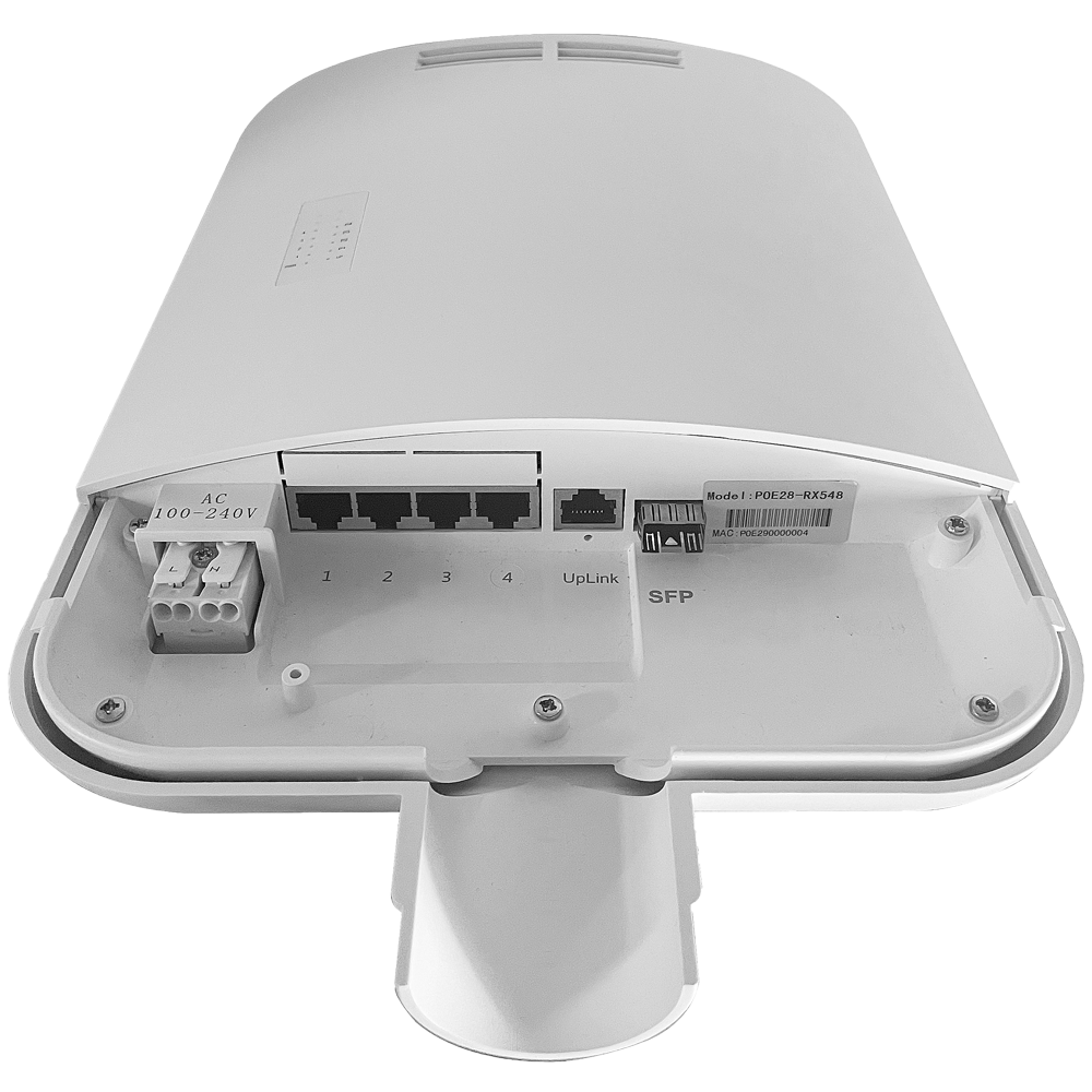 Switch PoE da esterno - 4 RJ45 PoE + 1 Uplink RJ45 + 1 Uplink SFP - 4 x 100/1000 Mbps  1 x Gigabit  1 x SFP  - 30 W per porta / Massimo 60W - Norma IEEE802.3af/at - PoE/PoE+ - Montaggio a parete e/o su Palo