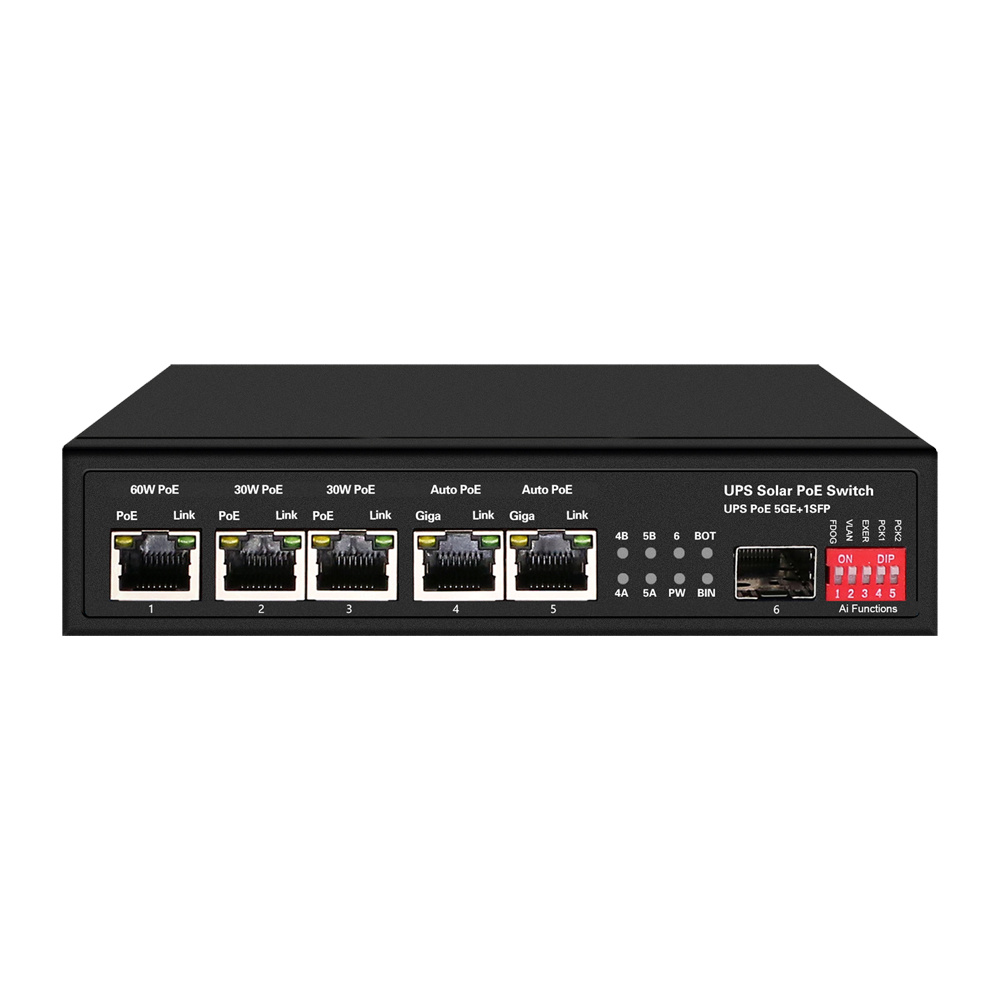 Switch PoE - 5 porte PoE + 1 SFP - Velocità della porta 10/100/1000 Mbps - 1xHi-PoE (60W) + 2xPoE+ (30W) + 2x24/48V (25W) - Fino a 65W di Potenza PoE totale - Supporta batterie da 12V/24V e pannelli da 400W