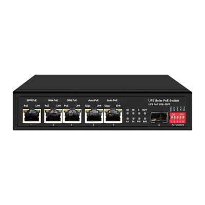 Switch PoE - 5 porte PoE + 1 SFP - Velocità della porta 10/100/1000 Mbps - 1xHi-PoE (60W) + 2xPoE+ (30W) + 2x24/48V (25W) - Fino a 65W di Potenza PoE totale - Supporta batterie da 12V/24V e pannelli da 400W