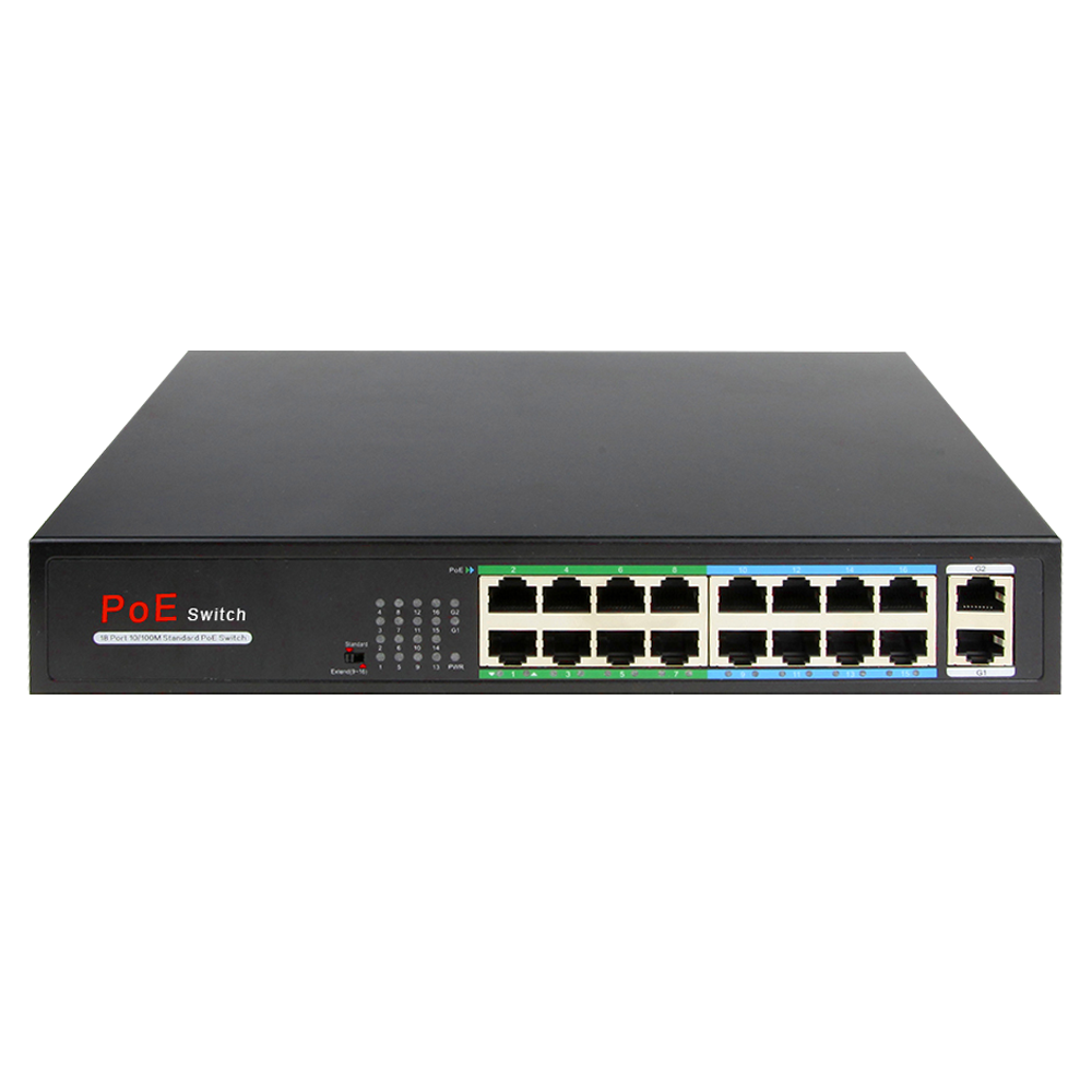 Switch PoE - 16 porte RJ45 + 2 RJ45 Uplink - 16x 10/100Mbps + 2x 10/100/1000Mbps - 16 Porte PoE 802.3af/at fino a 30W per ogni porta - Potenza totale PoE 160W - PoE Esteso fino a 250m Porte 9-16