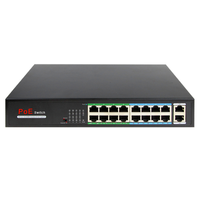 Switch PoE - 16 porte RJ45 + 2 RJ45 Uplink - 16x 10/100Mbps + 2x 10/100/1000Mbps - 16 Porte PoE 802.3af/at fino a 30W per ogni porta - Potenza totale PoE 160W - PoE Esteso fino a 250m Porte 9-16