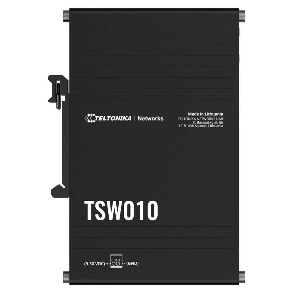 Teltonika Switch Unmanaged Industriale - 5 porte Ethernet RJ45 Fast Ethernet - Robusto Alloggiamento in Alluminio - Plug and Play - Alimentazione DC 9 a 30V - LED di Stato
