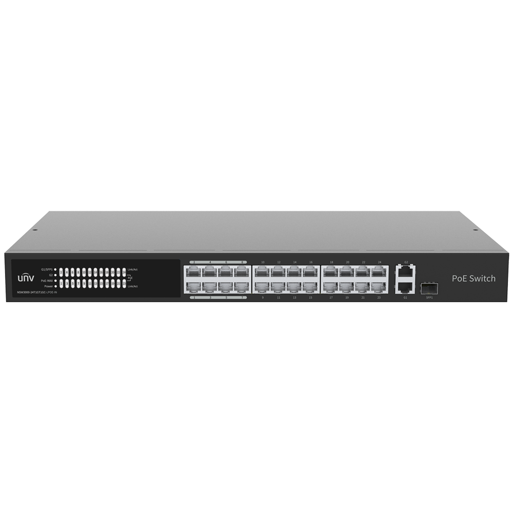 Uniview Switch PoE Cloud Managed - 24 PoE802.3af/at + 1 uplink RJ45 +1 uplink Combo - 24 RJ45 FE + 2 RJ45 GE + 1 SFP - 30W per porta 802.3af/at / Massimo 250W - VLAN/Port Isolation/Loop Detection - Limite di Velocità della Porta
