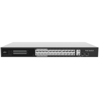 Uniview Switch PoE Cloud Managed - 24 PoE802.3af/at + 2 uplink RJ45 + 2 SFP - 24 RJ45 FE + 2 GE + 2 SFP - 30W per porta 802.3af/at / Massimo 250W - VLAN/Port Isolation/Loop Detection - Limite di Velocità della Porta