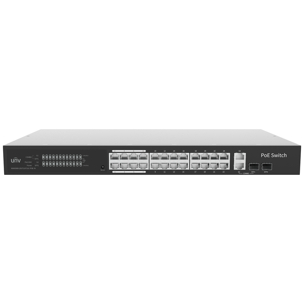 Uniview Switch PoE Cloud Managed - 24 PoE802.3af/at + 2 uplink RJ45 + 2 SFP - 24 RJ45 FE + 2 GE + 2 SFP - 30W per porta 802.3af/at / Massimo 370W - VLAN/Port Isolation/Loop Detection - Limite di Velocità della Porta