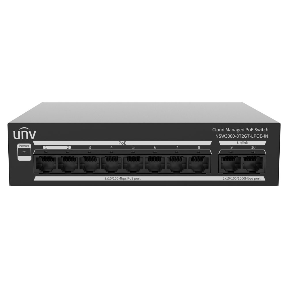 Uniview Switch PoE Cloud Managed - 8 PoE802.3af/at + 2 uplink RJ45  - 8 RJ45 10/100 Mbps + 2 RJ45 10/100/1000 Mbps - 30W per porta 802.3af/at / Massimo 65W - VLAN/Port Isolation/Loop Detection - Limite di Velocità della Porta