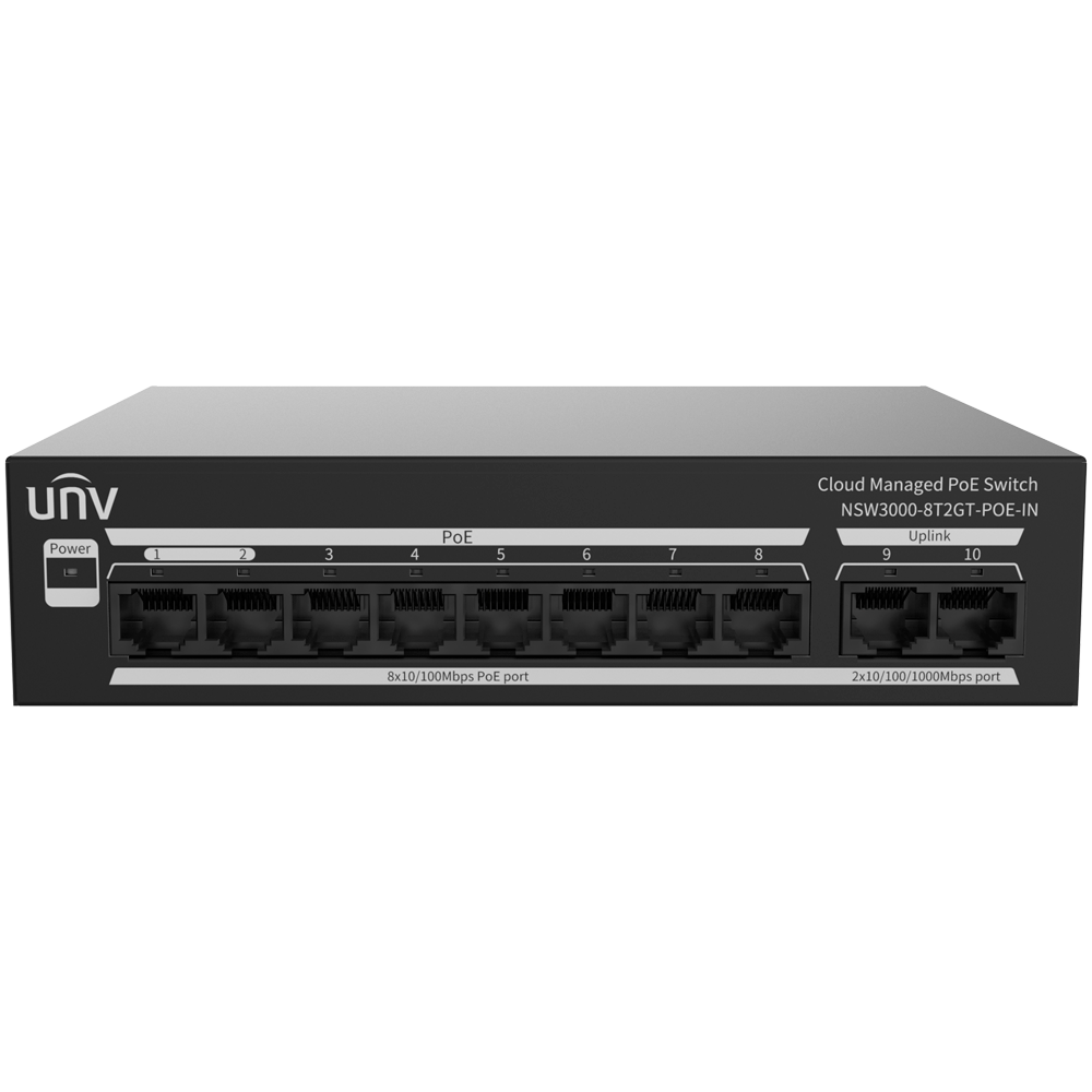 Uniview Switch PoE Cloud Managed - 8 PoE802.3af/at + 2 uplink RJ45  - 8 RJ45 10/100 Mbps + 2 RJ45 10/100/1000 Mbps - 30W per porta 802.3af/at / Massimo 120W - VLAN/Port Isolation/Loop Detection - Limite di Velocità della Porta