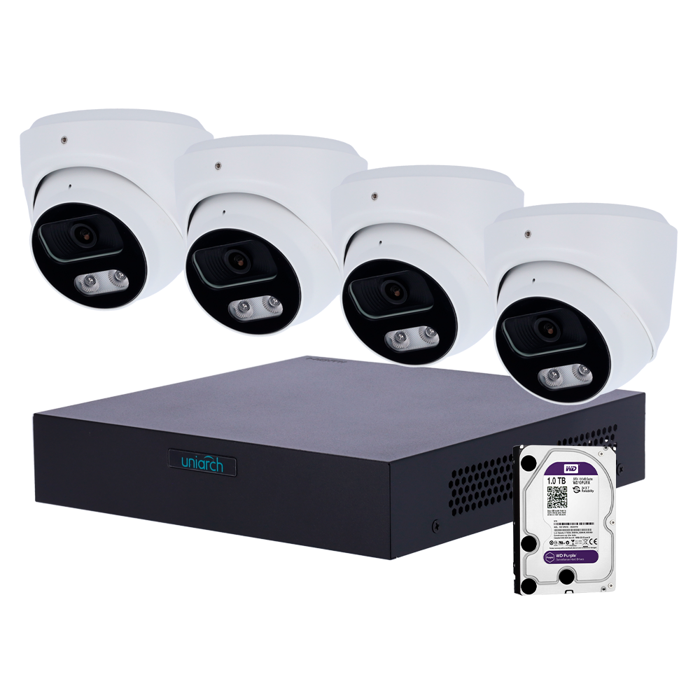 Kit di videosorveglianza Uniarch - NVR a 8 canali IP | 1 TB HDD - 4 Telecamere Turret IP67 - Plug &amp; Play | UMD | PoE - Rilevamento di Persone e Veicoli - Interfaccia WEB