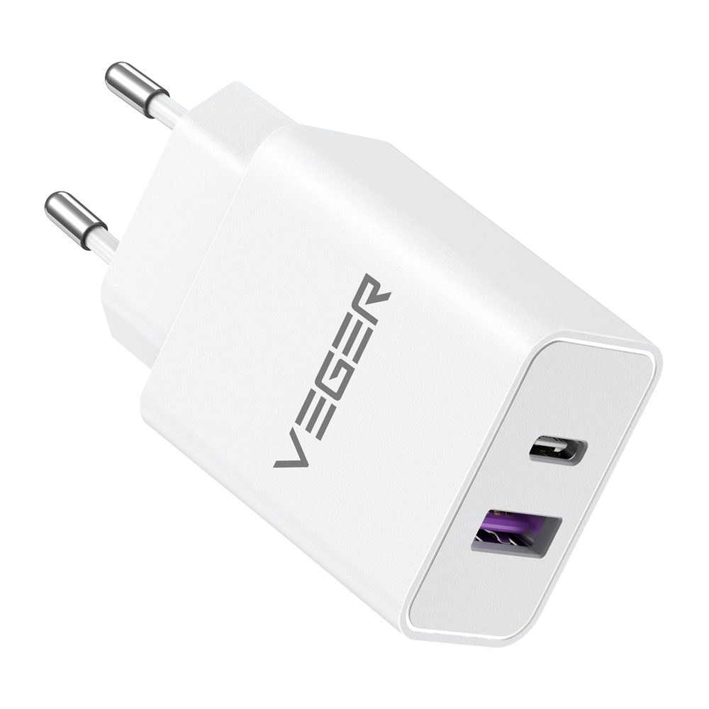 VEGER - Caricabatterie USB - Potenza 65W | Con tecnologia GaN - Ricarica rapida di 2 dispositivi contemporaneamente - Uscite USB-A