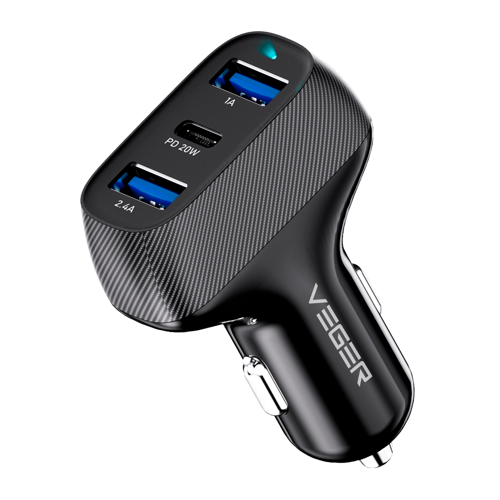 VEGER - Accendisigari per auto - Potenza 37W - Ricarica veloce 20W - Uscite 2x USB-A