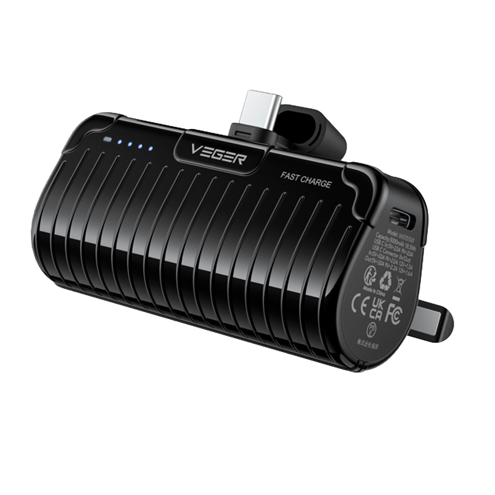 VEGER Mini Power bank con LED di ricarica - Capacità 5000mAh - Ingressi USB-C