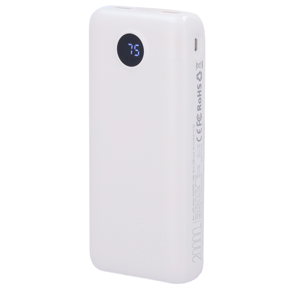 VEGER - Power bank con display LCD - Capacità 20000mAh - Ricarica veloce PD20W - Ingressi Micro-USB, USB-C, Uscite 2 USB-A - Carica 2 dispositivi contemporaneamente | Colore Bianco